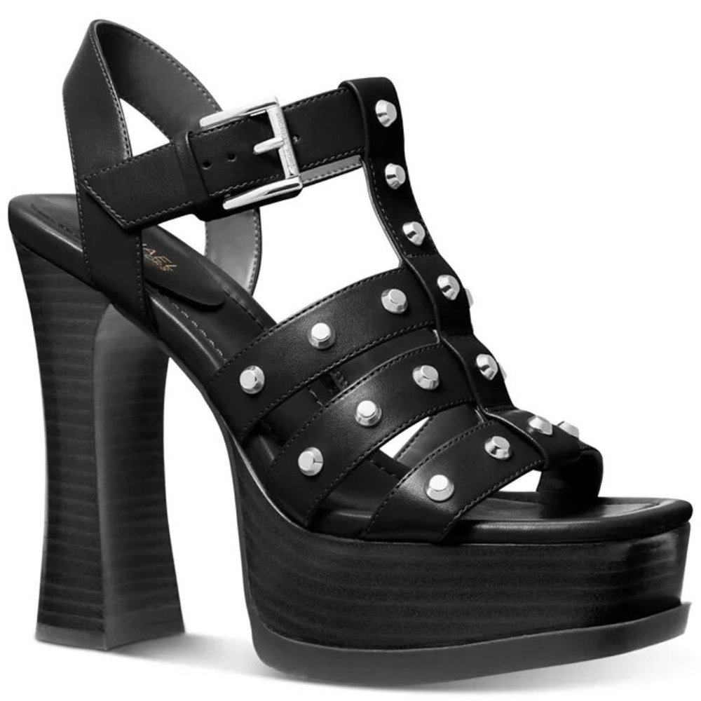 Michael Kors Jagger Platform Black Leather Studded Sandals Shoes Pumps Heels NEW